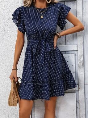 NAVY & White Polka Dot Tie-Waist Flutter Sleeve Ruffled Mini Dress